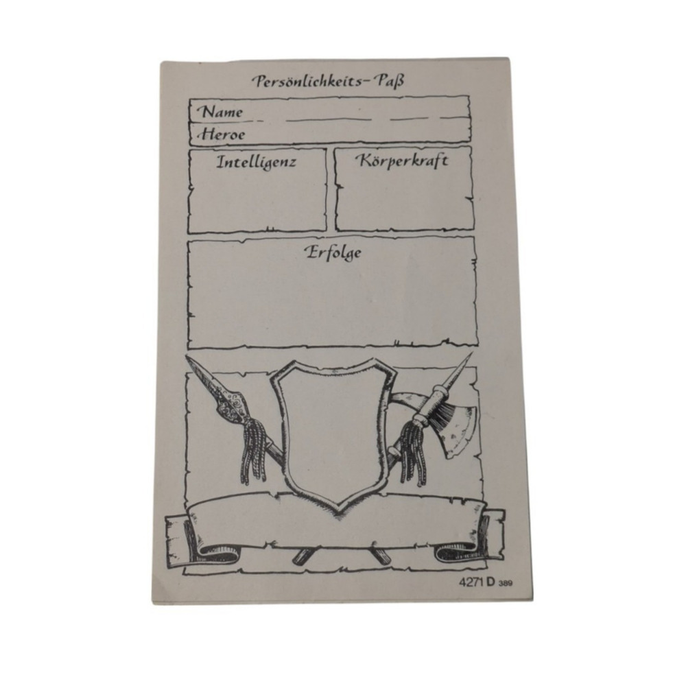 Hero Quest 4271 D Character Sheet Pad German Deutsch Edition RPG Notepad